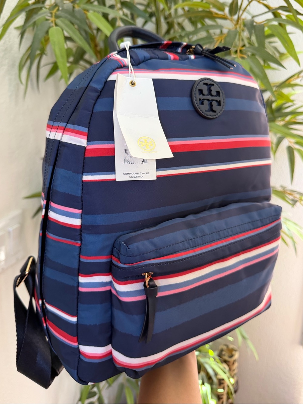 Tory Burch Navy Multistripe Nylon Backpack - Picture 2 of 4